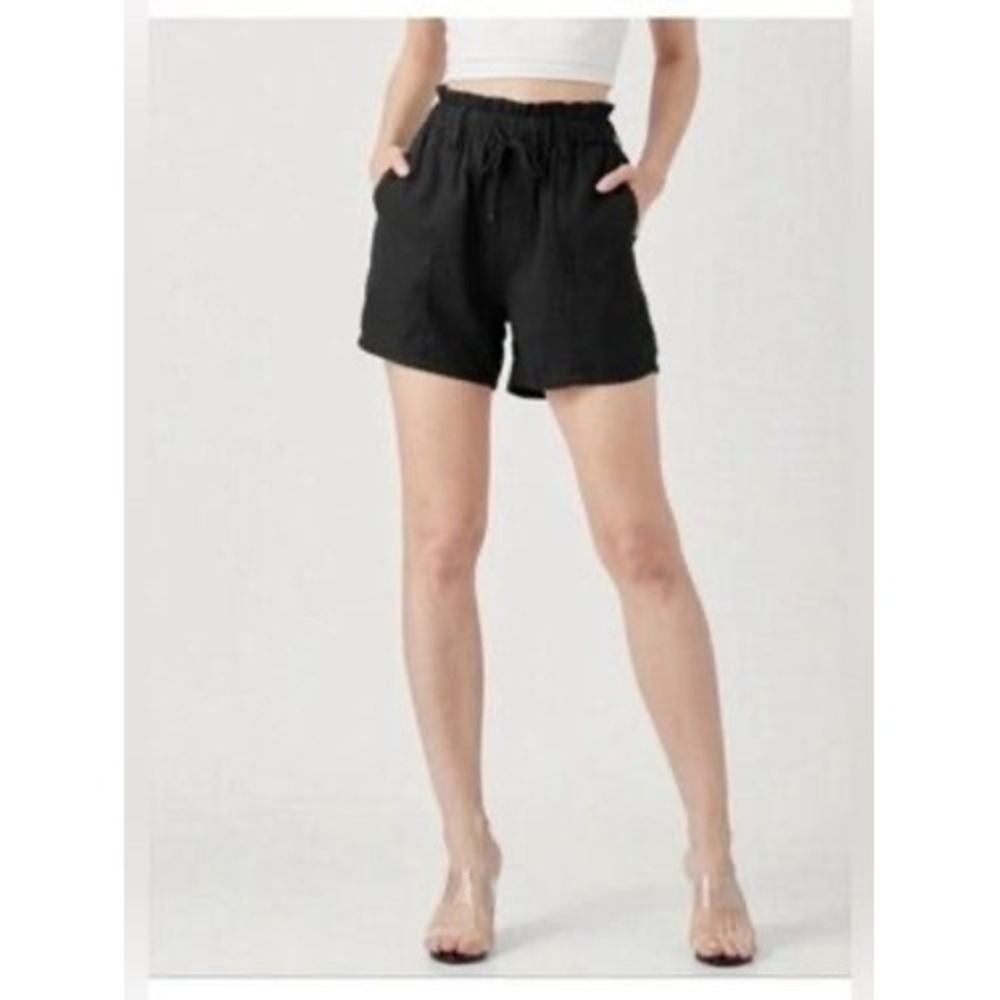 House of Harlow‎ 1960 Black Linen Blend Paperbag Waist Shorts XS Vacation Boho